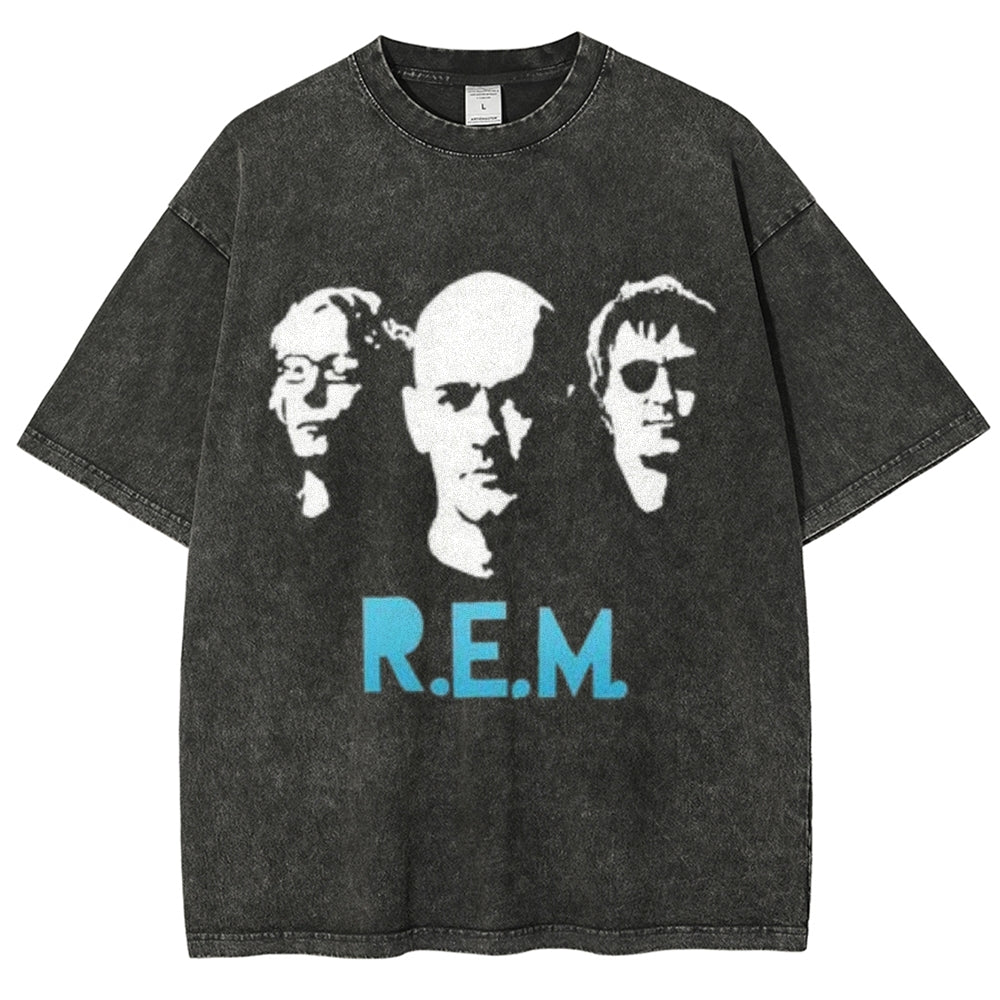 Unisex Vintage The Rem Rock Band Print Short Sleeve Casual Graphic Washed T-shirt