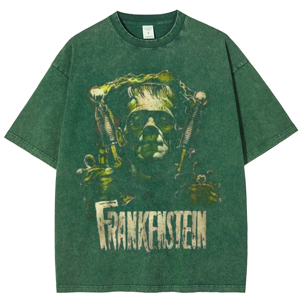 Unisex Vintage Frankenstein Monster Horror Graphic Short Sleeve Washed T-shirt