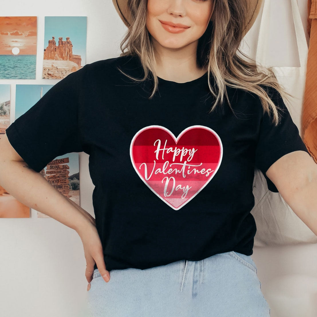 Women Valentine's Day Love Pink Heart Print Graphic T-shirt