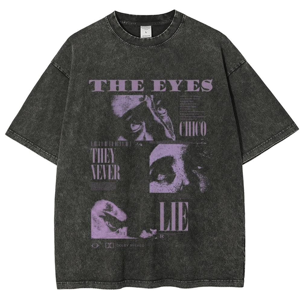 Unisex Vintage The Eyes Horror Graphic Short Sleeve Washed T-shirt