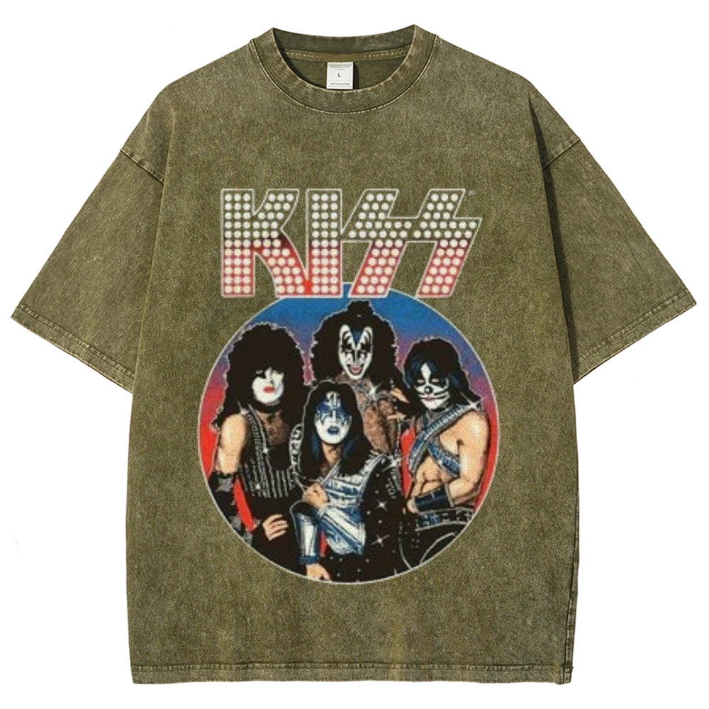 Unisex Vintage The Kiss Rock Band Print Short Sleeve Casual Graphic Washed T-shirt