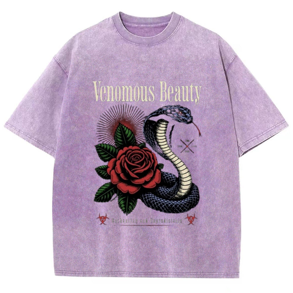 Women Washed Vintage Beauty Rose Snake Graphic T-shirt