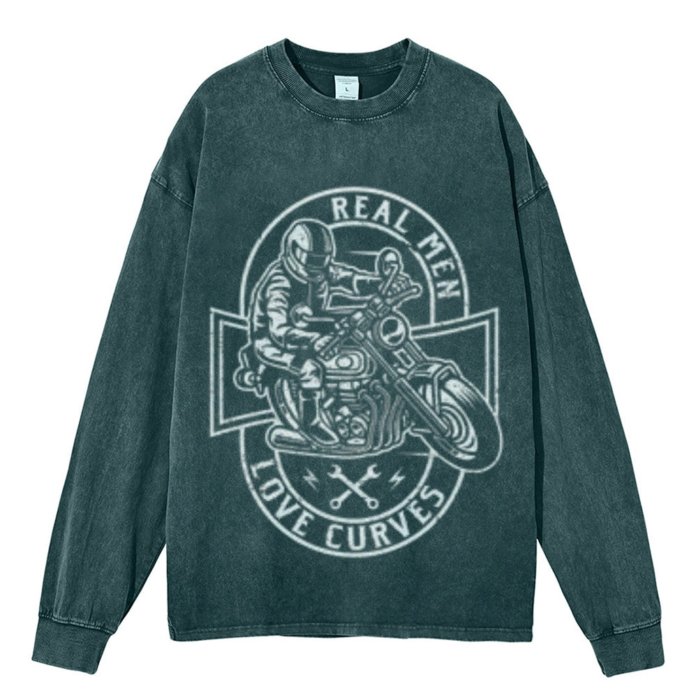 Oversized Vintage Washed REAL MEN LOVE CURVES Motorcycle Graphic Sweatshirt