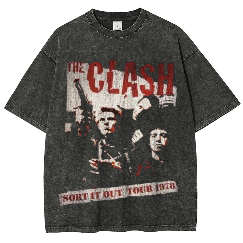 Unisex Vintage The Clash Rock Band Print Short Sleeve Casual Graphic Washed T-shirt