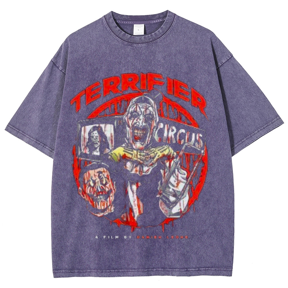 Unisex Vintage Terrifier Horror Graphic Short Sleeve Washed T-shirt