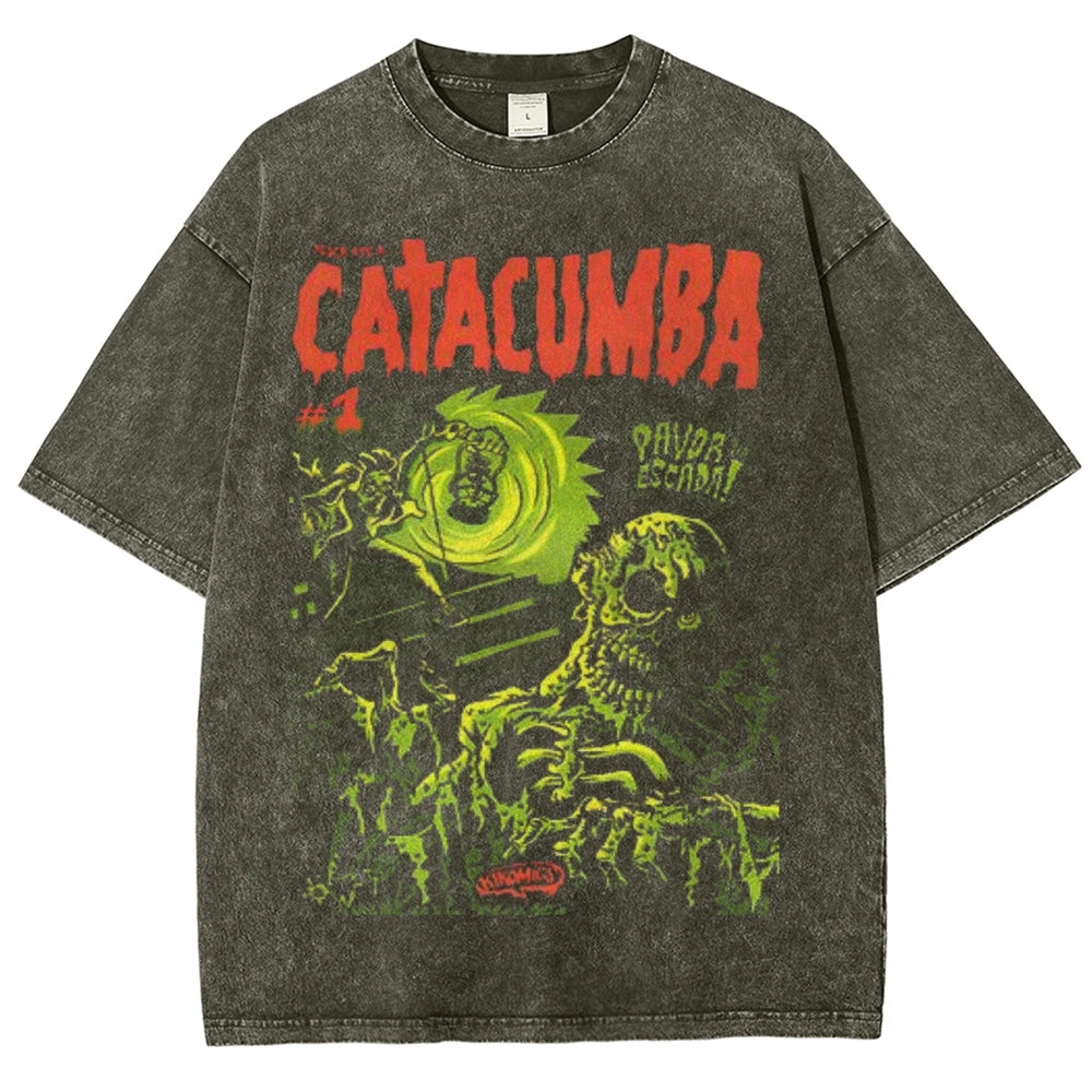 Unisex Vintage Catacumba Horror Graphic Short Sleeve Washed T-shirt