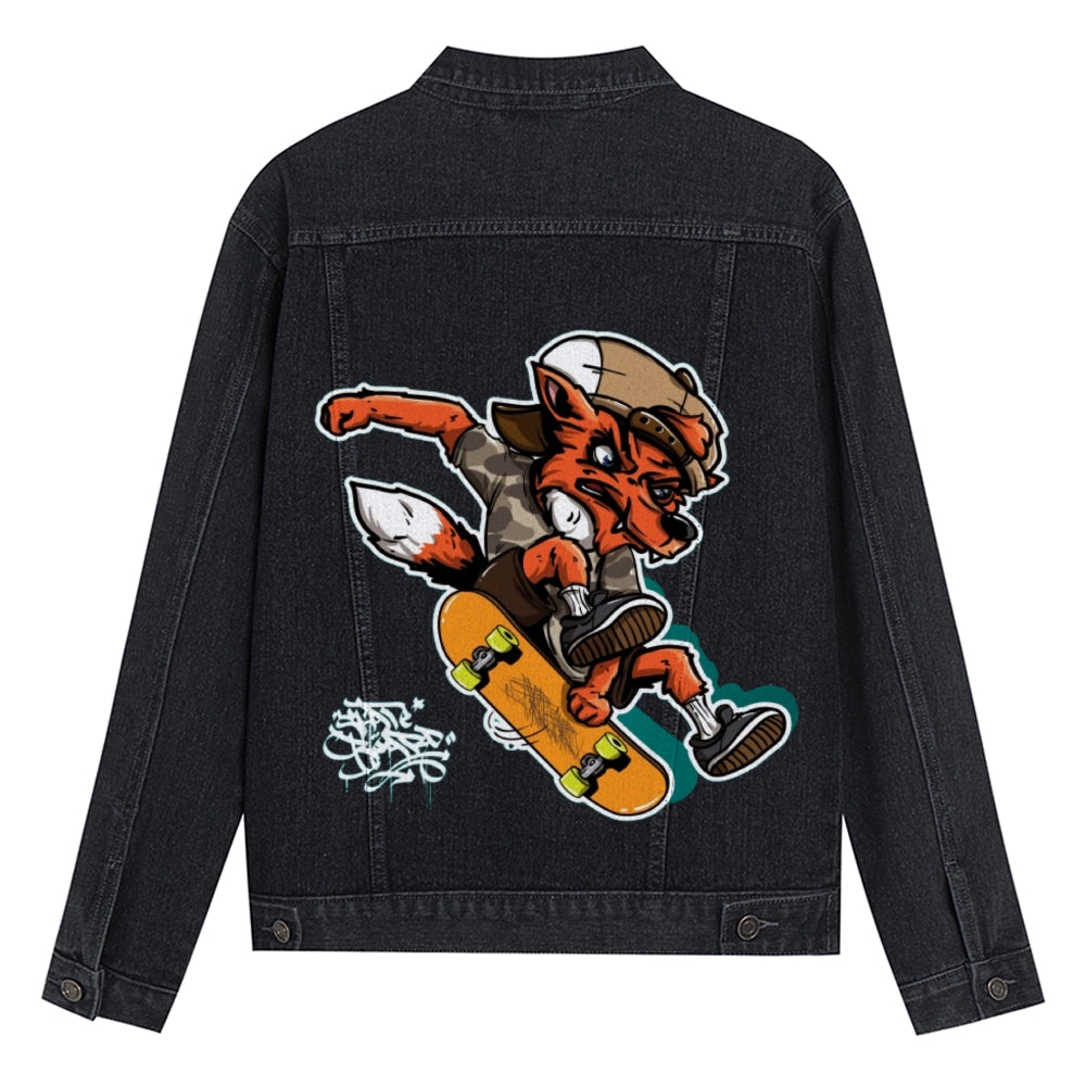 Mens Vintage Skate Cartoon Prints Denim Jacket