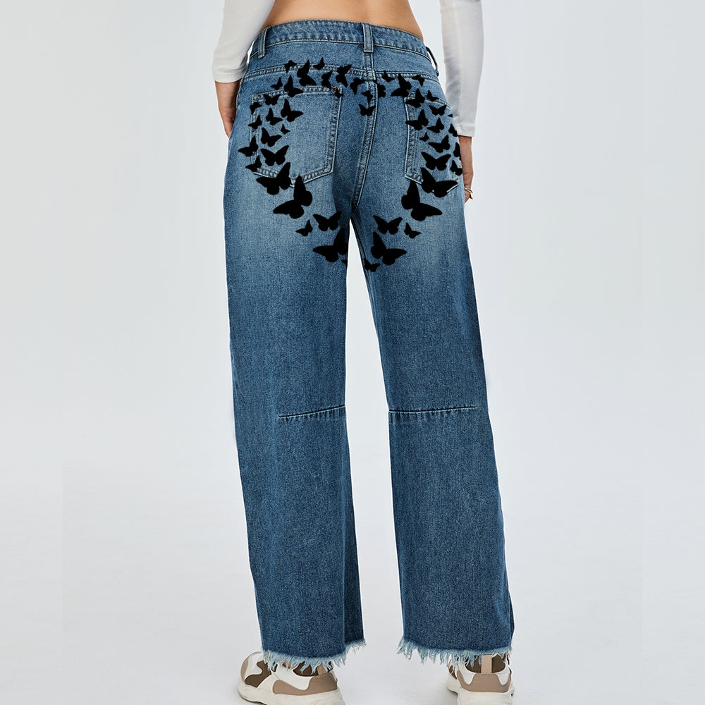 Women Butterfly Love Heart Graphic Baggy Straight Leg Jean