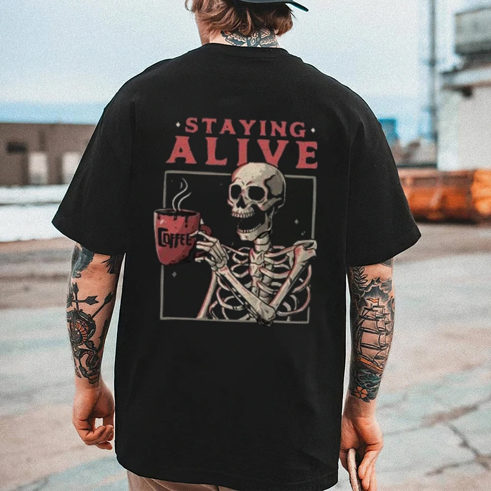 Mens STAYING ALIVE Coffee Skull Graphic Tee