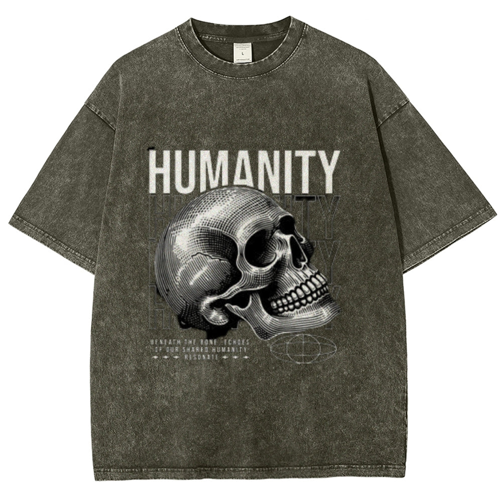 Women Washed Vintage Humanity Skull Graphic T-shirt