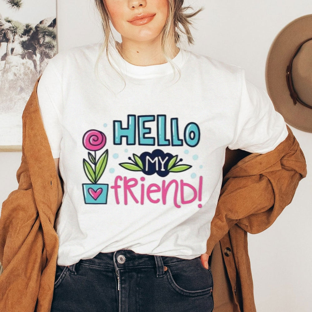 Women Hello My Friends Letter And Flower Print Graphic T-shirt