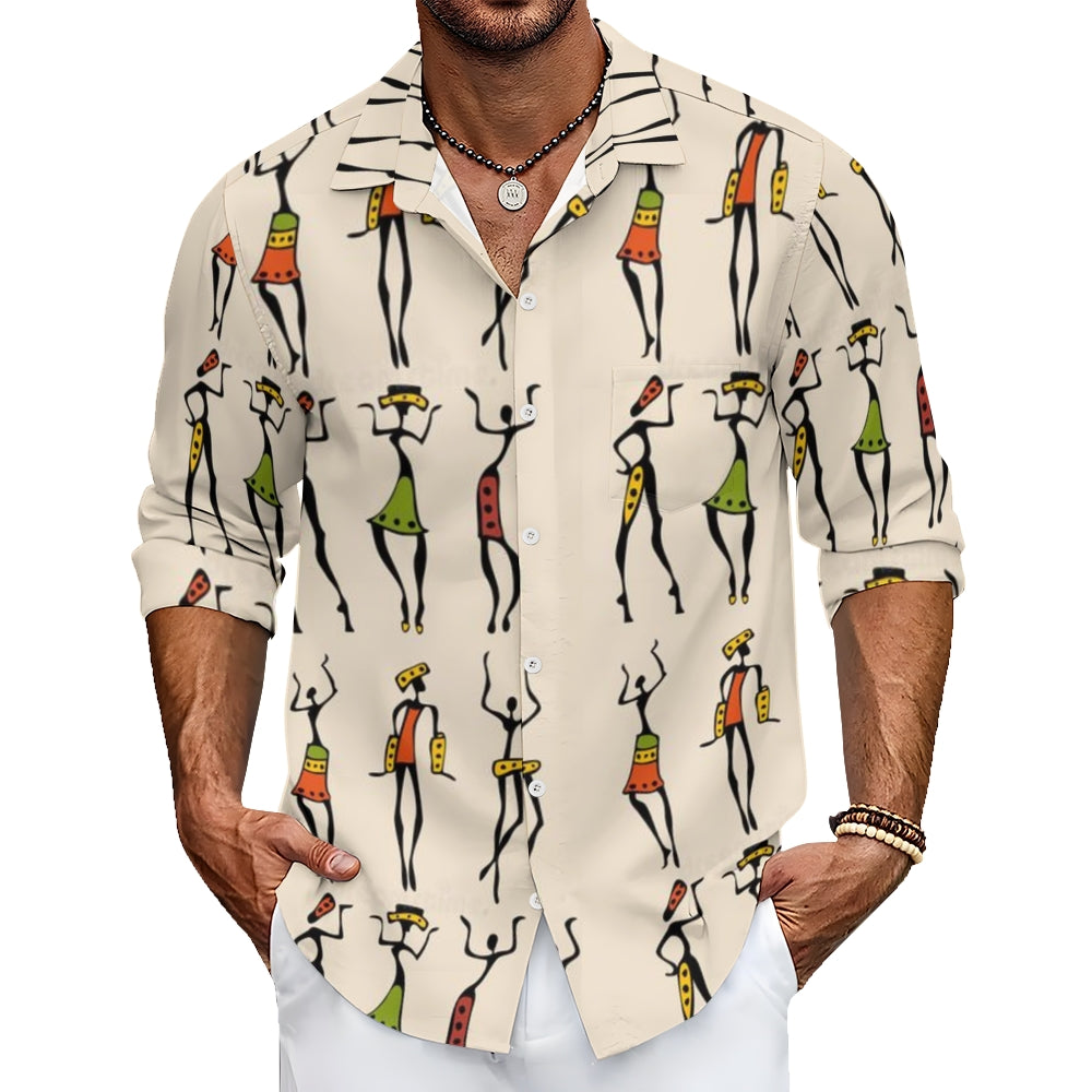 Mens African Dancers Print Long Sleeve Shirt