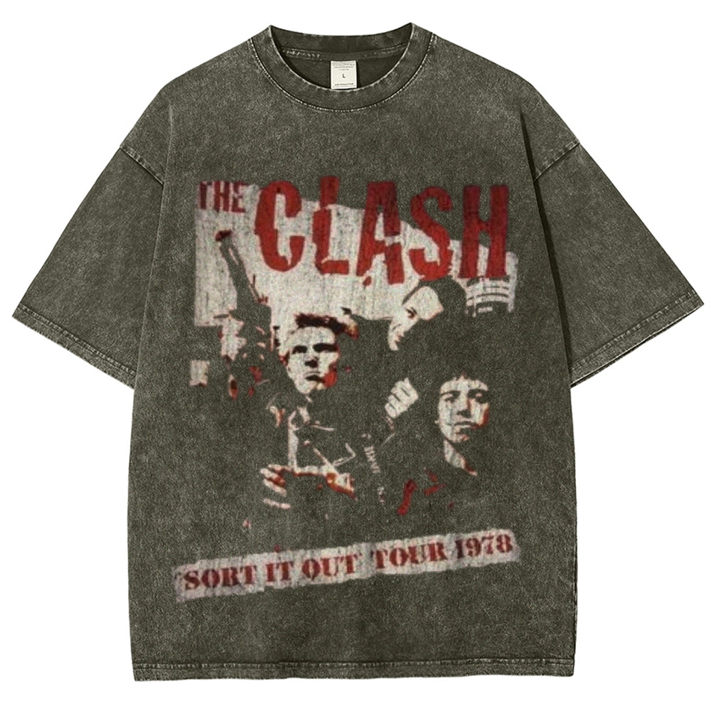 Unisex Vintage The Clash Rock Band Print Short Sleeve Casual Graphic Washed T-shirt