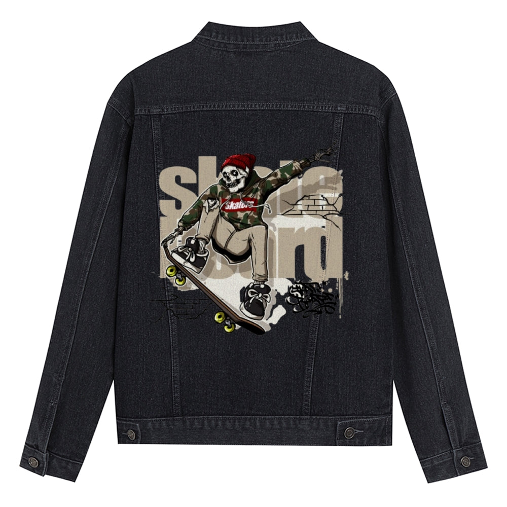 Mens Vintage Skate Cartoon Prints Skeleton Denim Jacket