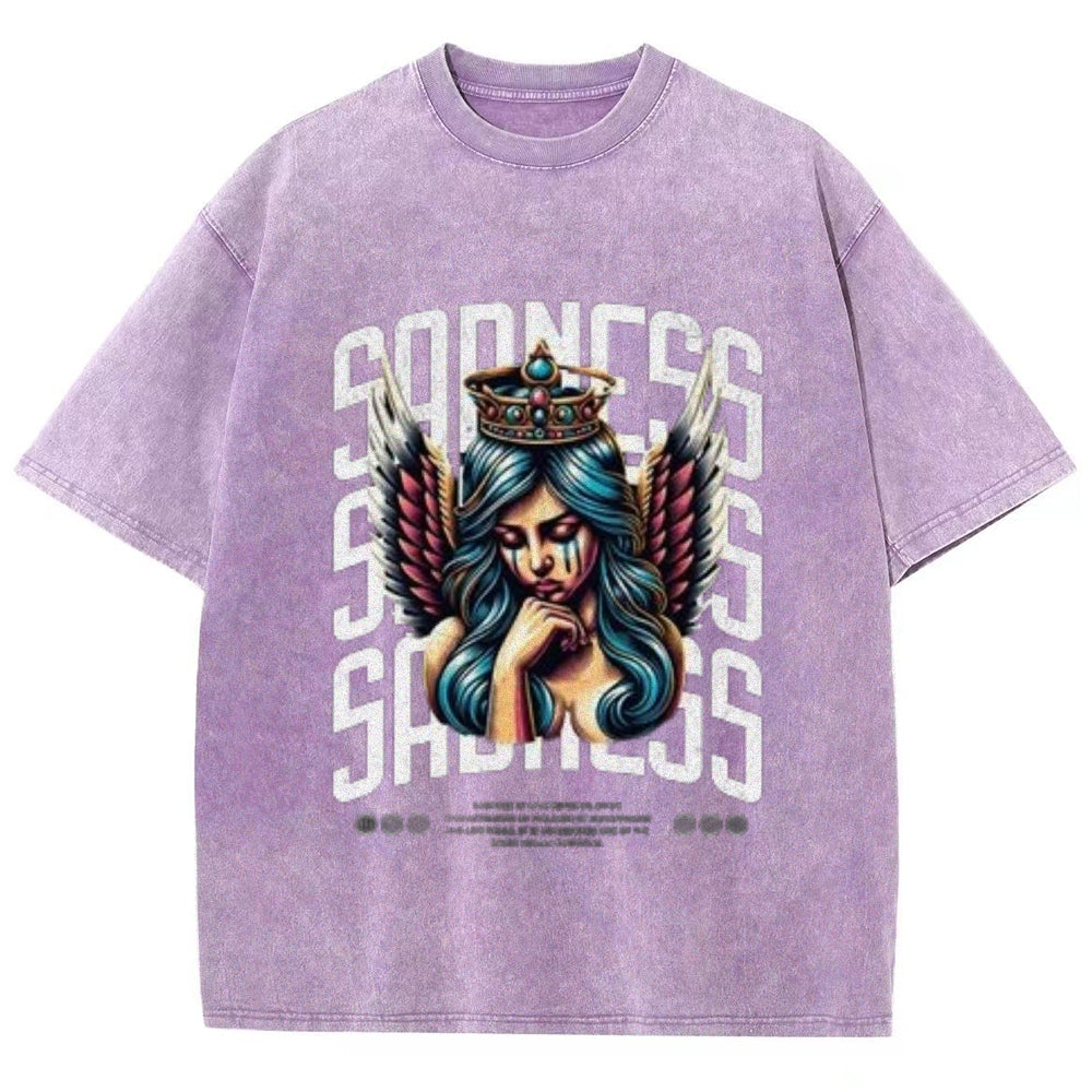 Women Washed Vintage Sading Angel Graphic T-shirt