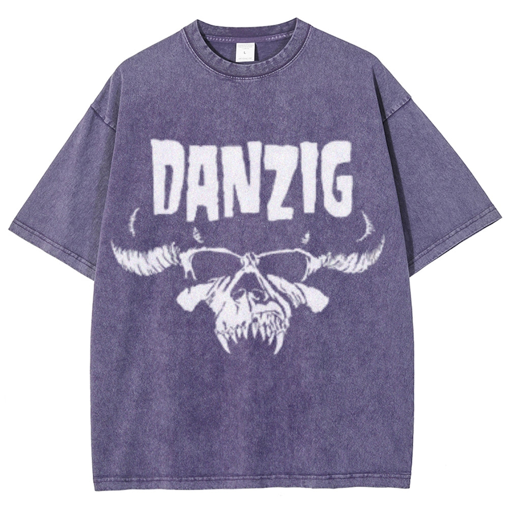 Unisex Vintage The Danzig Rock Band Print Short Sleeve Casual Graphic Washed T-shirt