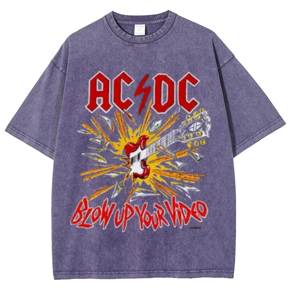 Unisex Vintage The Acdc Rock Band Print Short Sleeve Casual Graphic Washed T-shirt