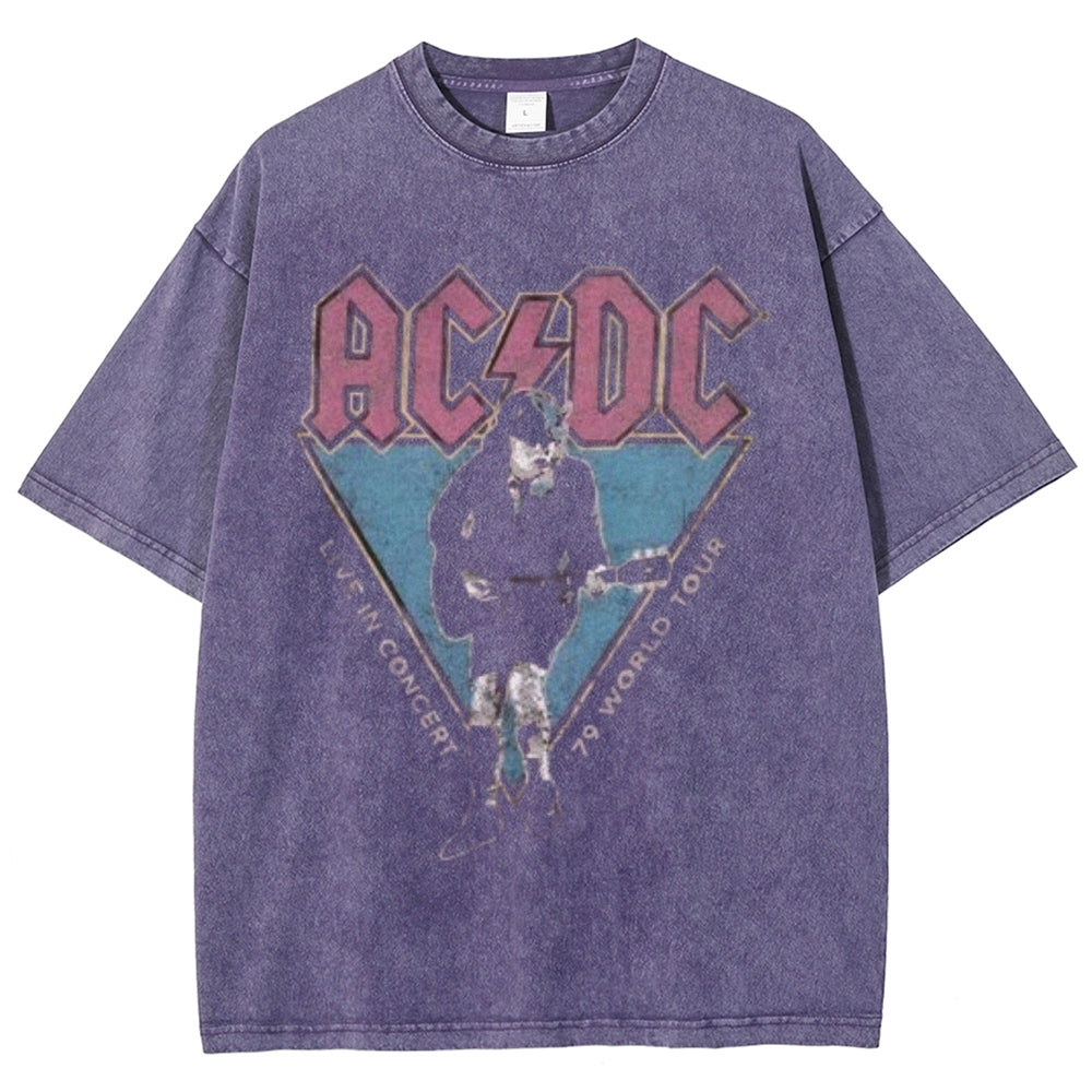 Unisex Vintage The Acdc Rock Band Print Short Sleeve Casual Graphic Washed T-shirt