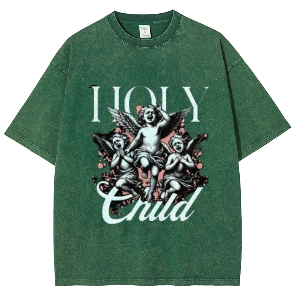 Women Washed Vintage Holy Child Graphic T-shirt