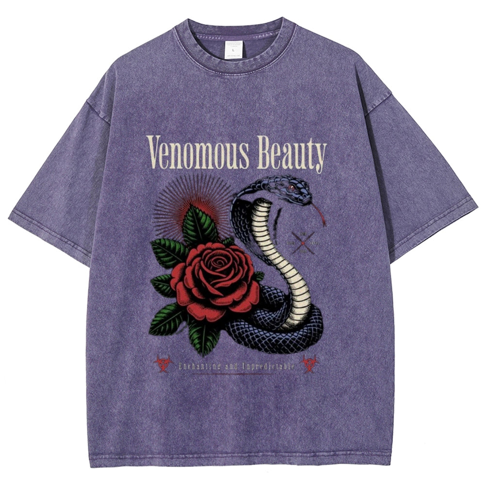 Women Washed Vintage Beauty Rose Snake Graphic T-shirt