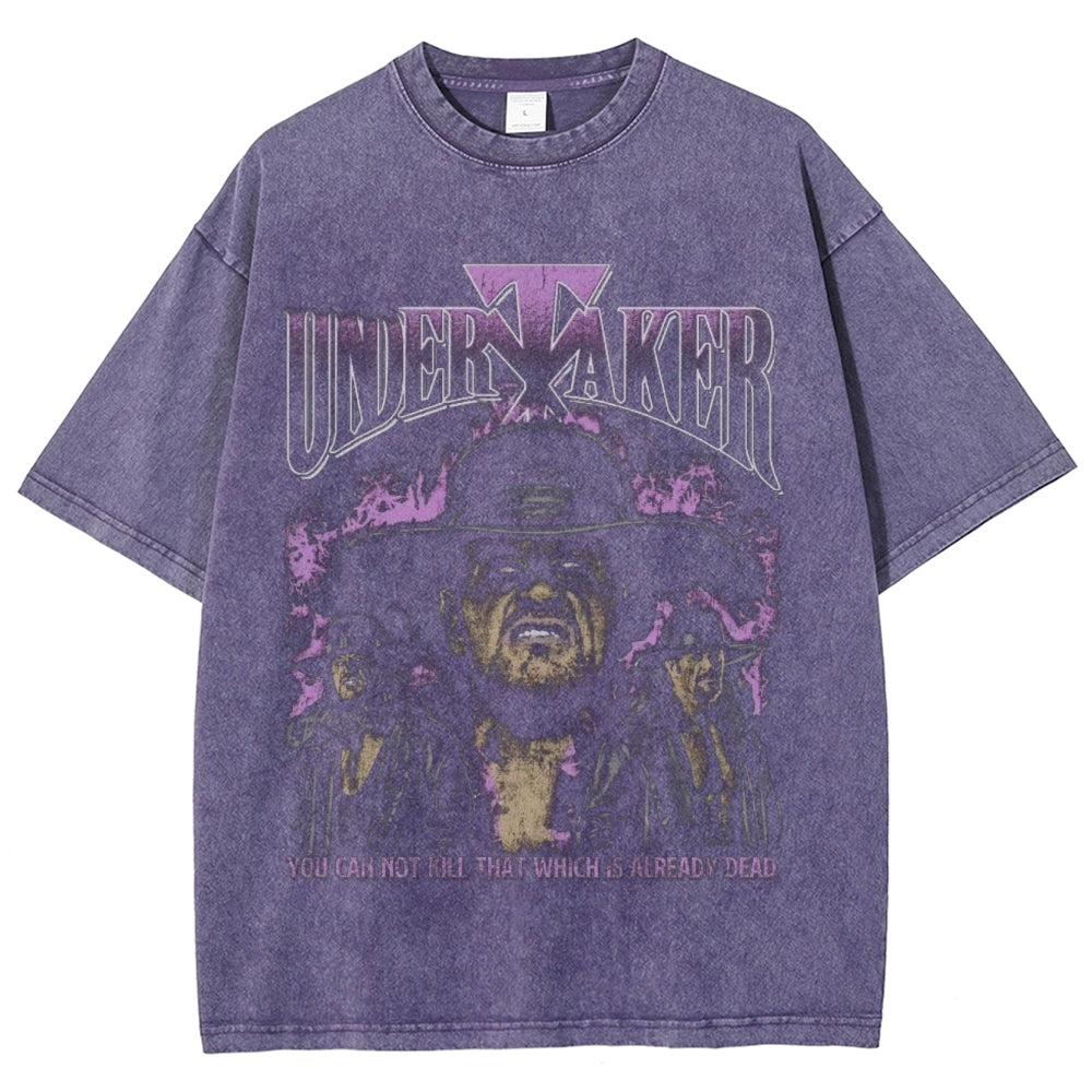 Unisex Vintage Undertaker Darkness Style Graphic Short Sleeve Washed T-shirt