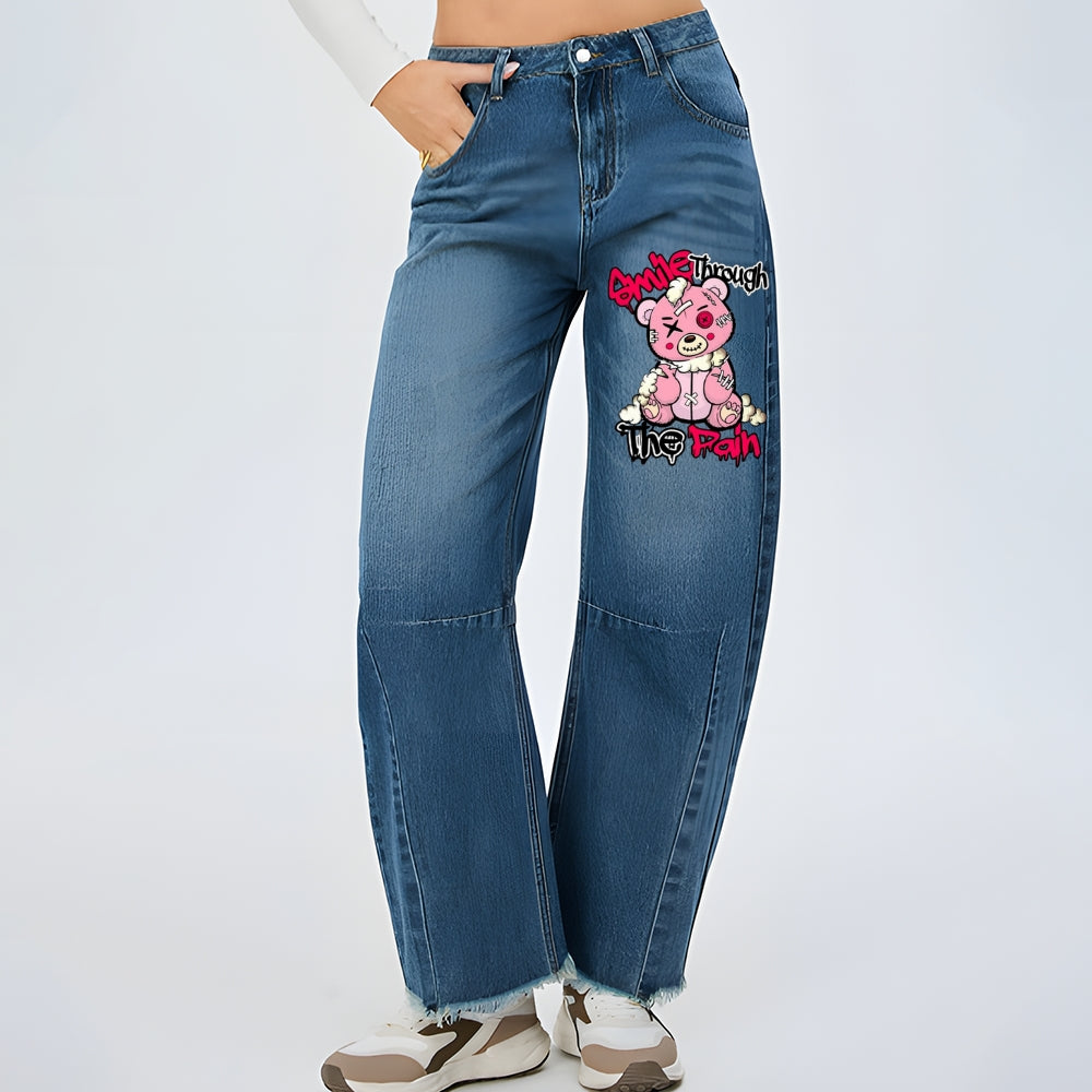 Women Smile Bear Graphic Baggy Straight Leg Jean