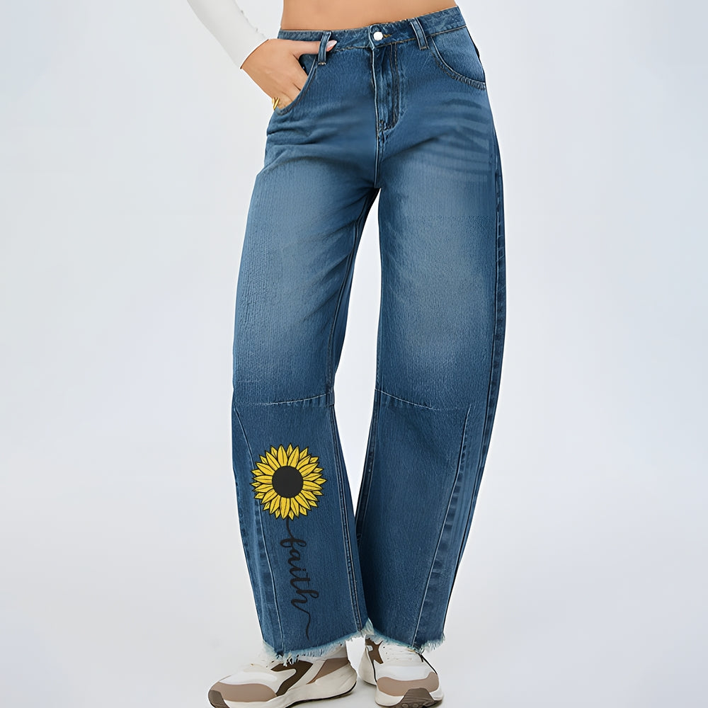 Women Sunflower Graphic Baggy Straight Leg Jean