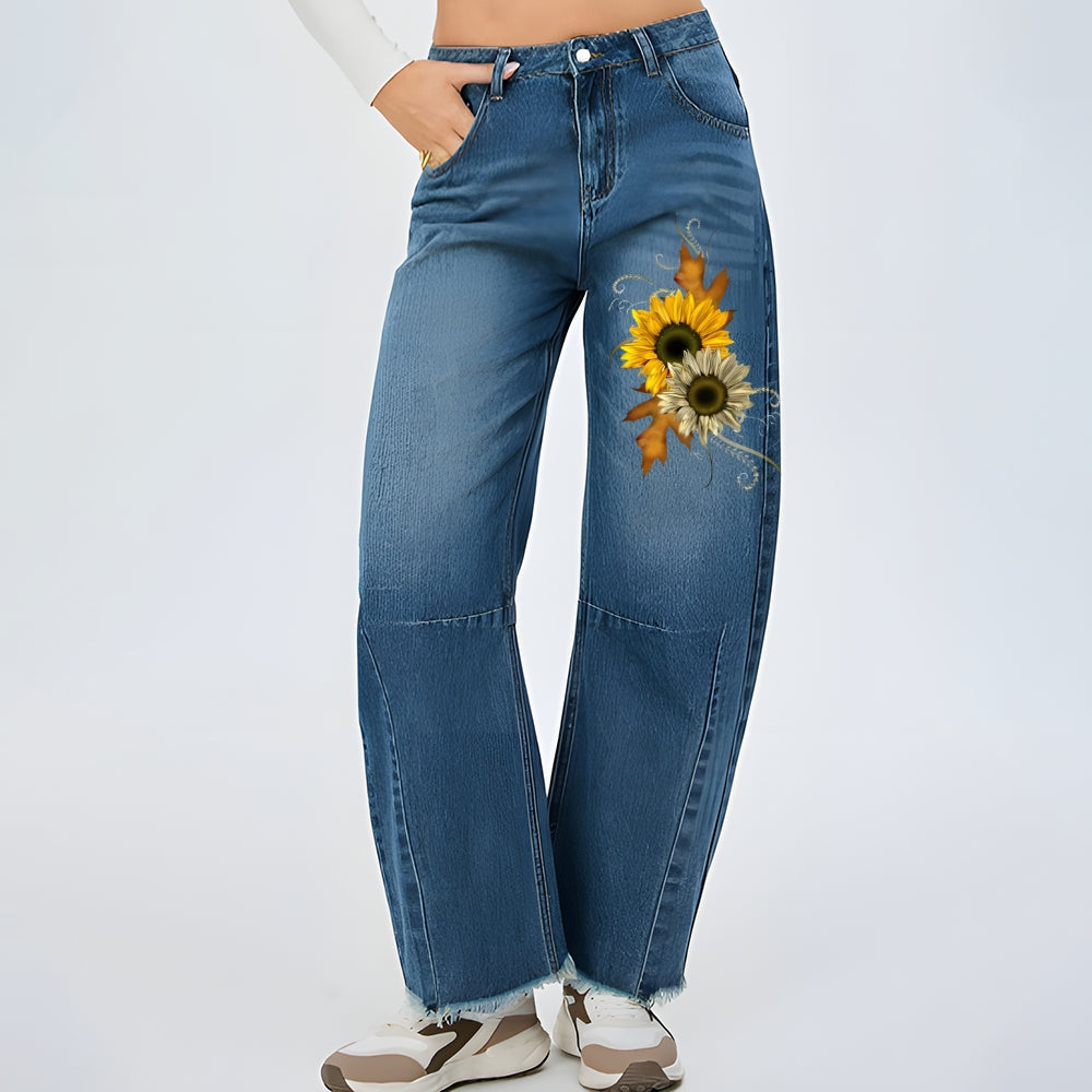 Women Sunflower Graphic Baggy Straight Leg Jean