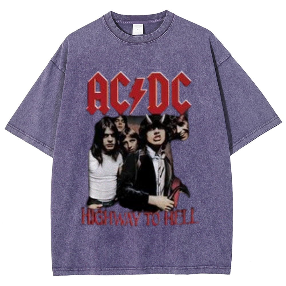 Unisex Vintage The Acdc Rock Band Print Short Sleeve Casual Graphic Washed T-shirt