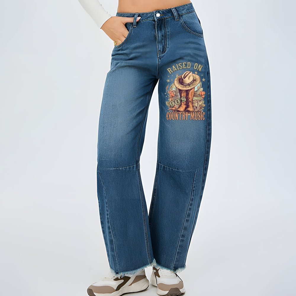 Women 90's Country Music Cowgirl Style Graphic Baggy Straight Leg Jean