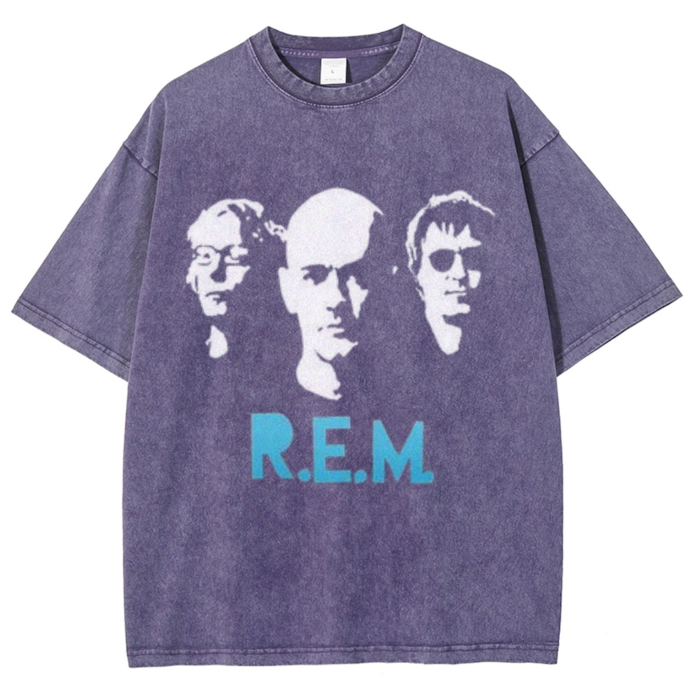 Unisex Vintage The Rem Rock Band Print Short Sleeve Casual Graphic Washed T-shirt