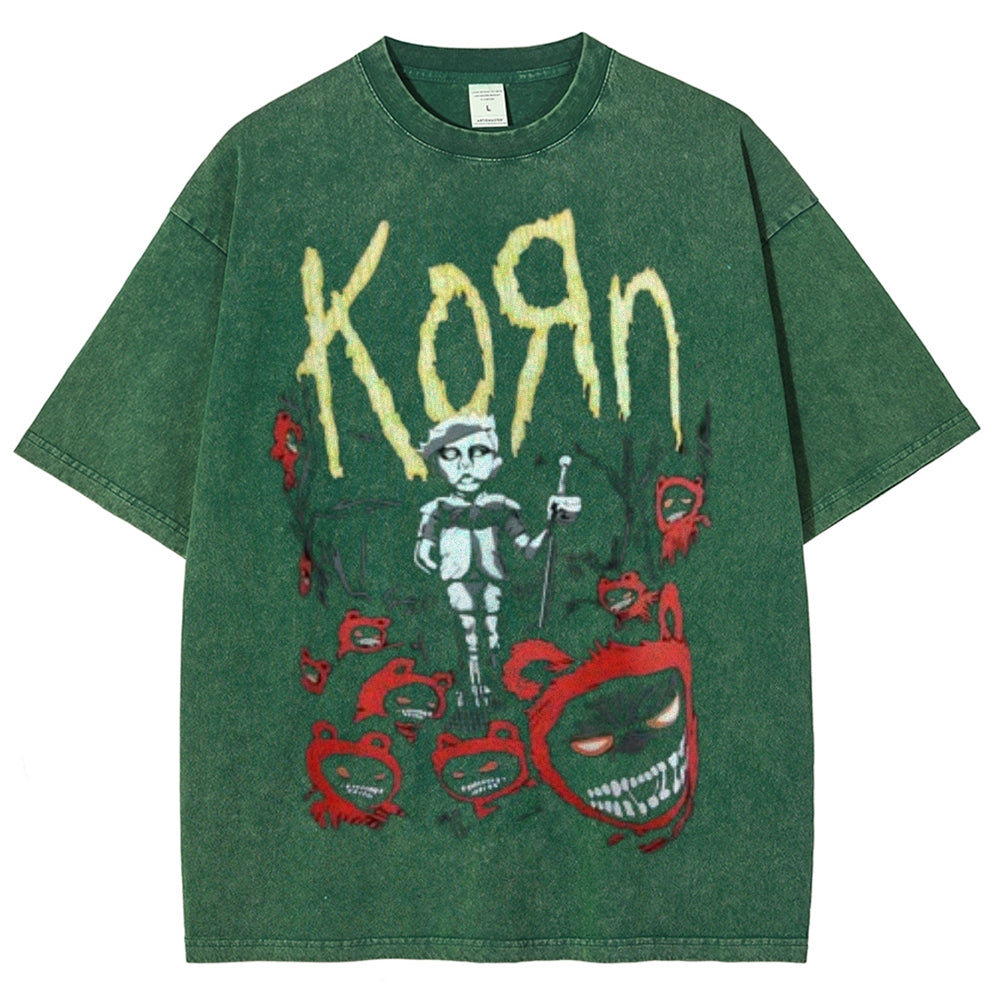 Unisex Vintage The Korn Rock Band Print Short Sleeve Casual Graphic Washed T-shirt