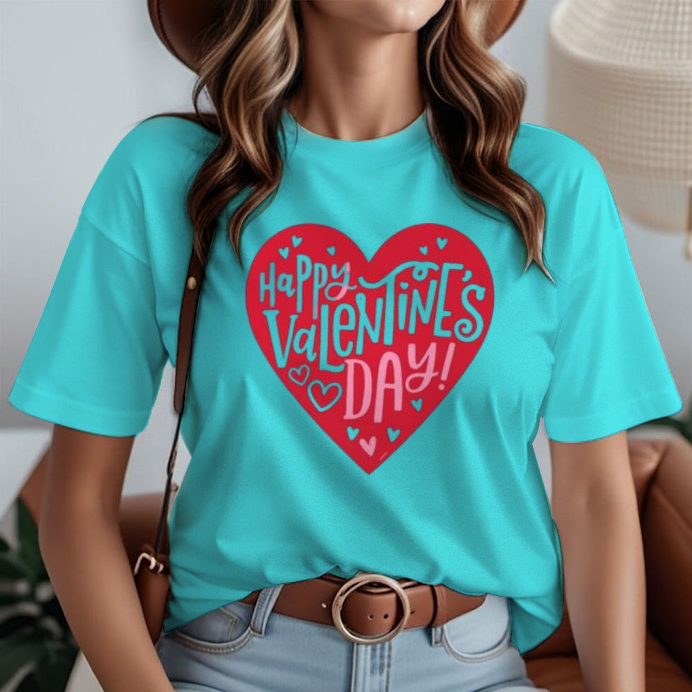 Women Happy Valentine's Day Heart Print Graphic T-shirt