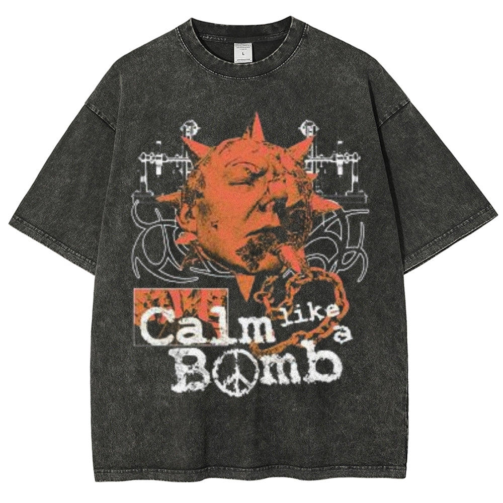 Unisex Vintage Calm Like A Bomb Graphic Short Sleeve Washed T-shirt