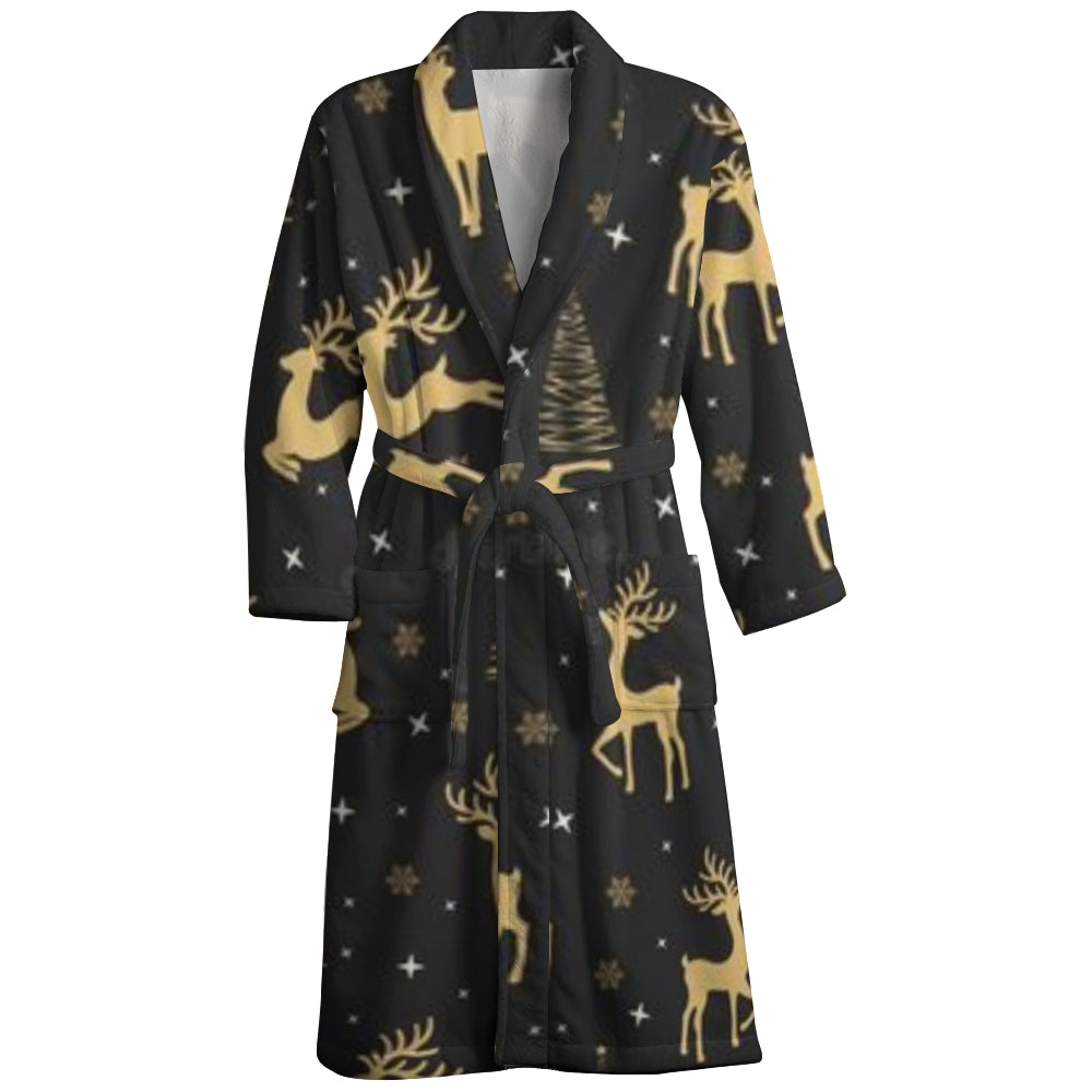 Mens Belt Merry Christmas Deer Print Fleece Lounge Robe