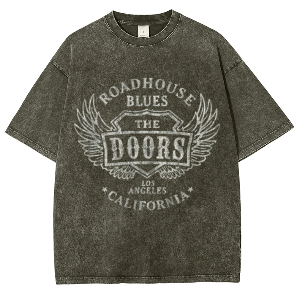 Unisex Vintage The Doors Rock Band Print Short Sleeve Casual Graphic Washed T-shirt