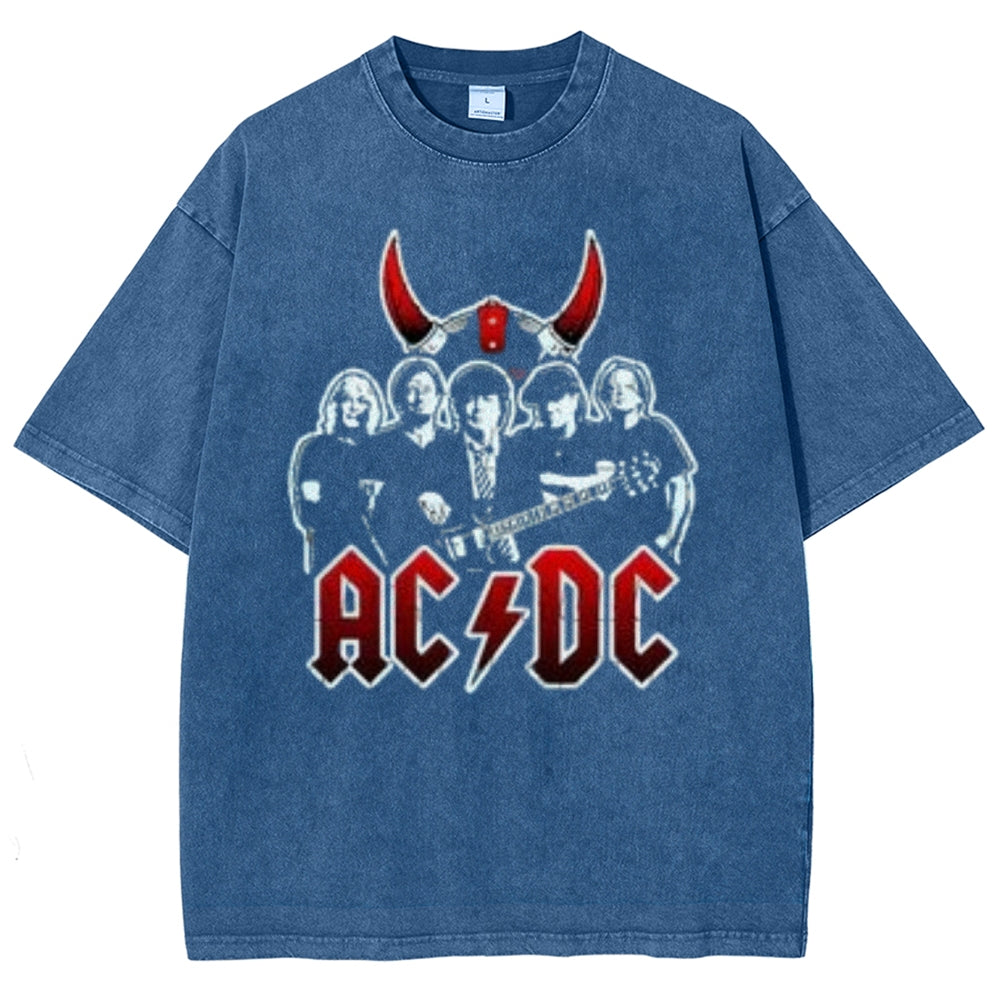 Unisex Vintage The Acdc Rock Band Print Short Sleeve Casual Graphic Washed T-shirt