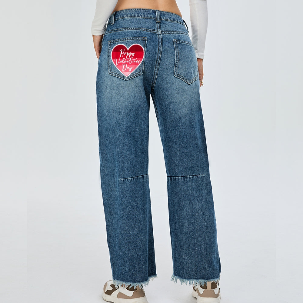 Women Valentine's Day Love Heart Print Baggy Straight Leg Jean