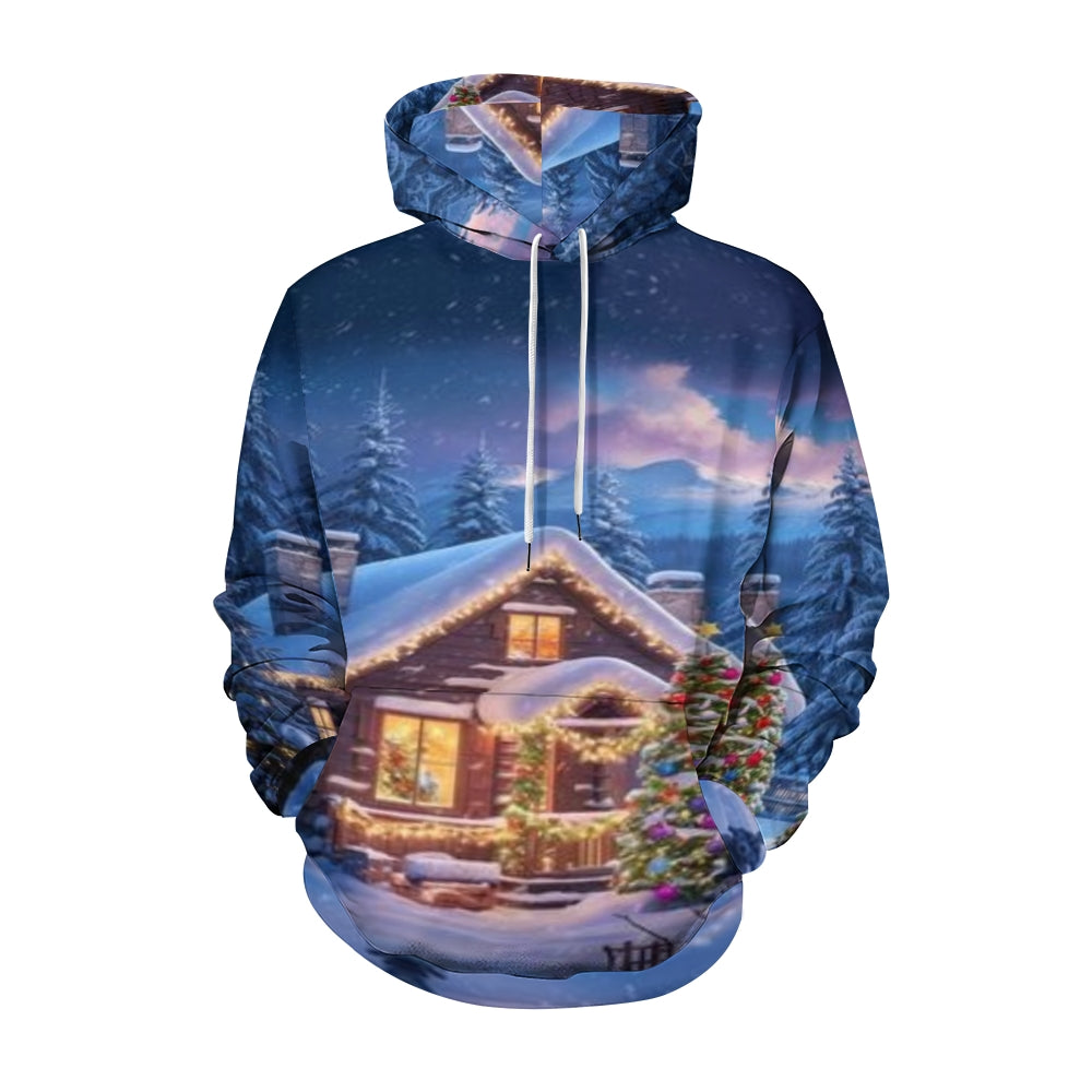 Christmas Winter Snow House Graphic Pullover With Kangaroo Pocket Hoodies