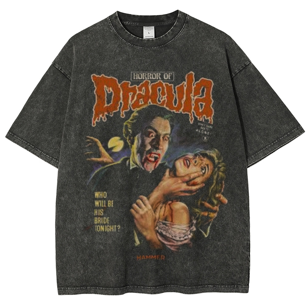 Unisex Vintage Horror of the Dracula Movies Graphic Short Sleeve Washed T-shirt