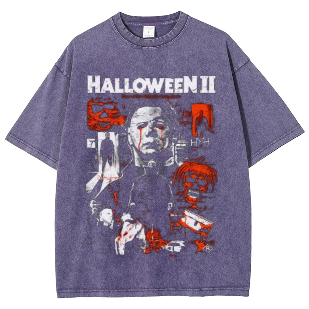 Unisex Vintage Halloween Horror Style Graphic Short Sleeve Washed T-shirt