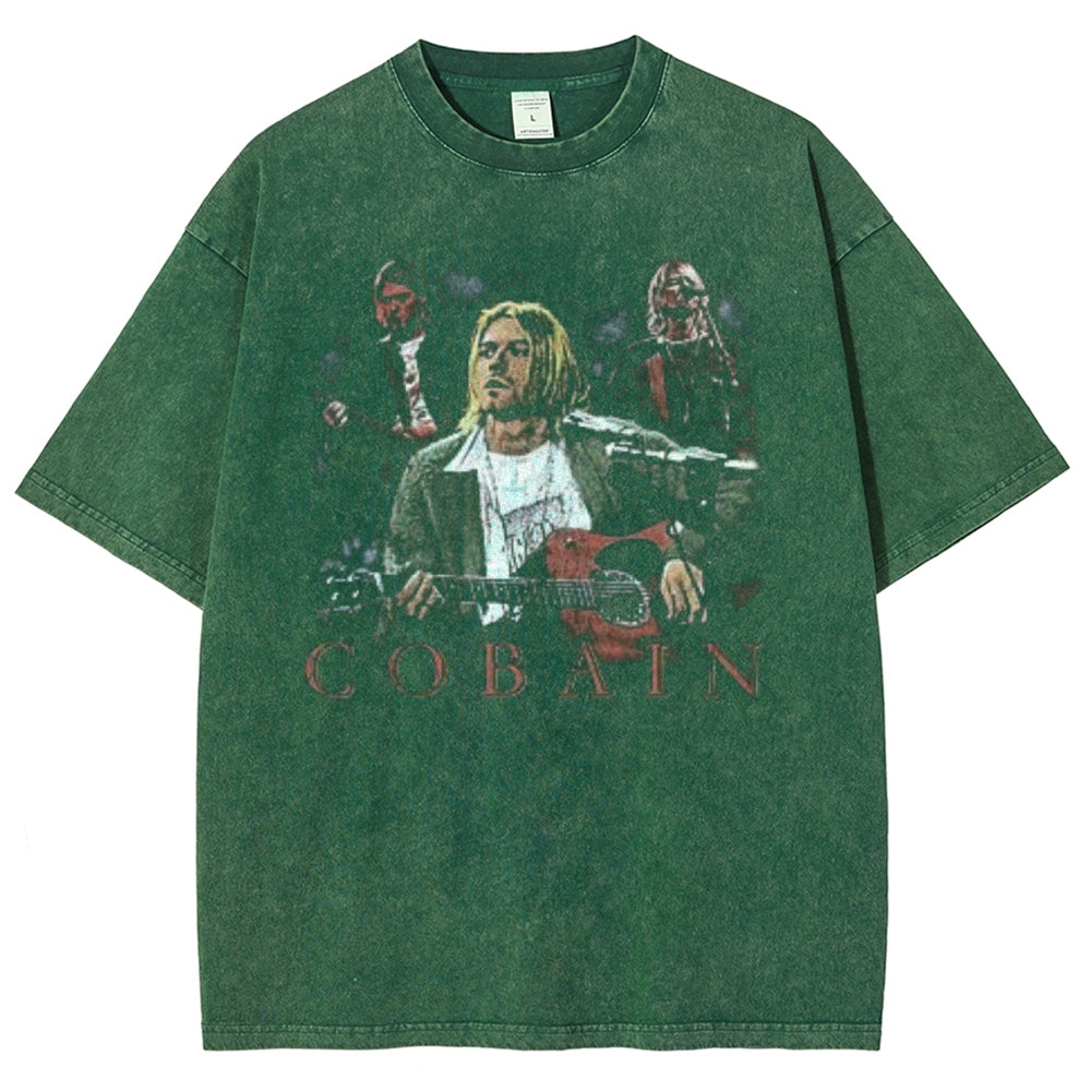 Unisex Vintage Cobain Darkness Style Graphic Short Sleeve Washed T-shirt