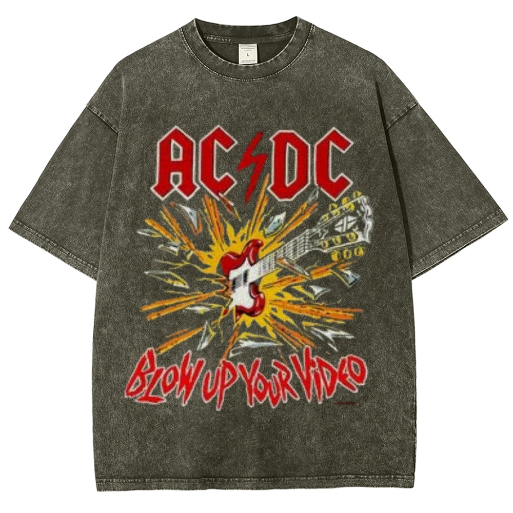 Unisex Vintage The Acdc Rock Band Print Short Sleeve Casual Graphic Washed T-shirt