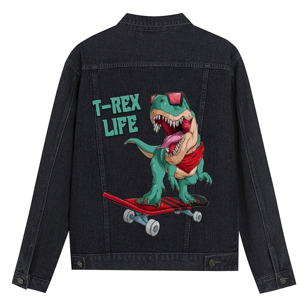 Mens Vintage Skate Cartoon Prints Green Dinosaur T-REX LIFE Denim Jacket