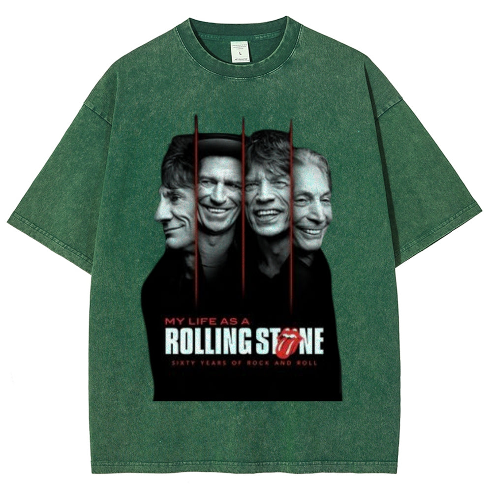 Unisex Vintage The Rolling Stone Rock Band Print Short Sleeve Casual Graphic Washed T-shirt