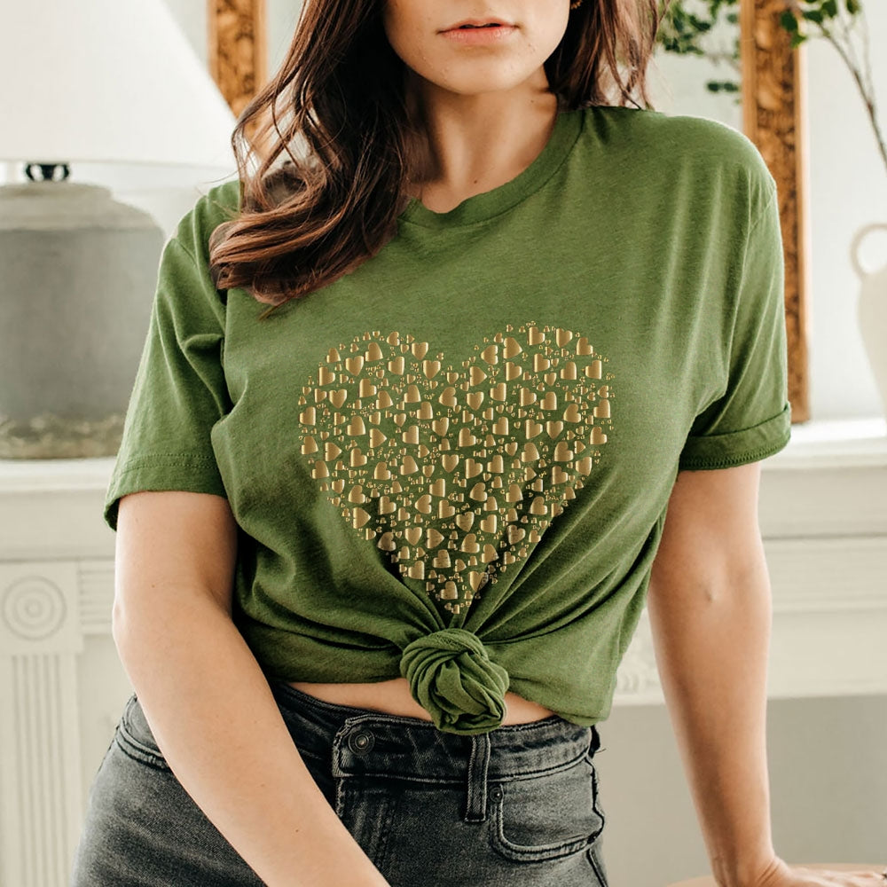 Women Valentine's Day Love Golden Heart Print Graphic T-shirt