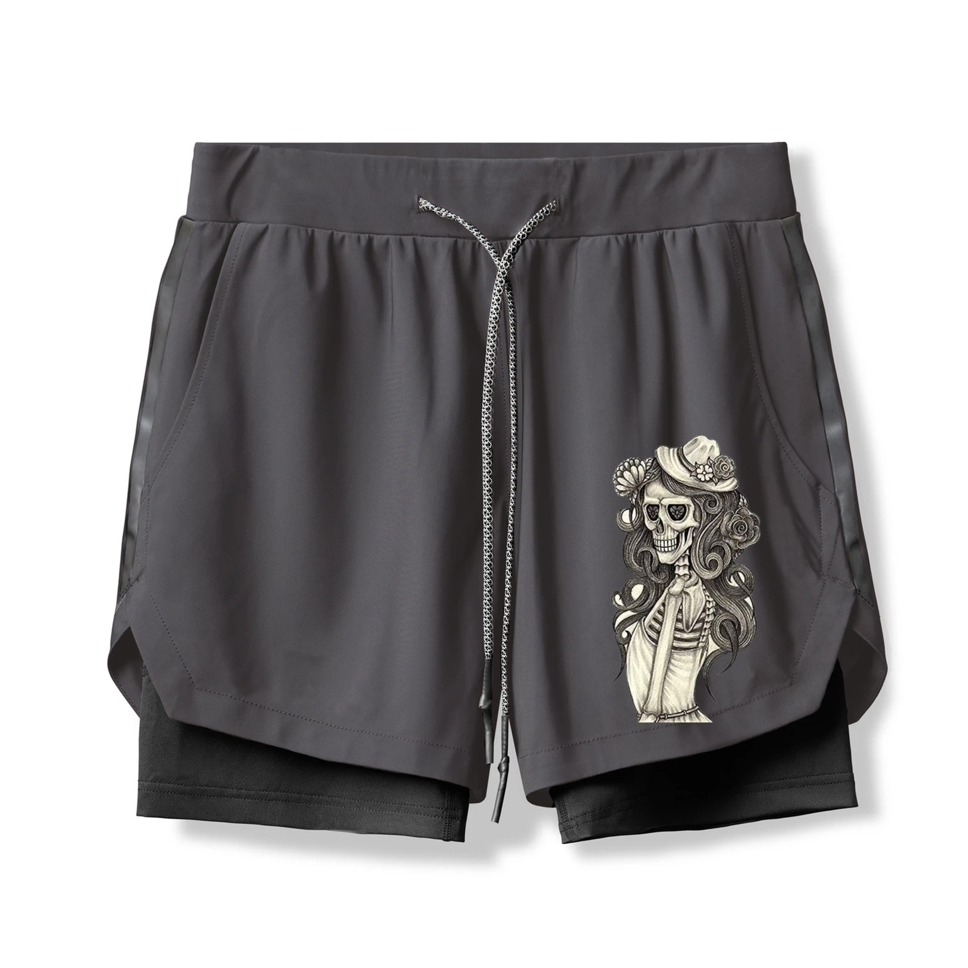 Skull with Flower in Hair 2 In 1 Gym Shorts for Men