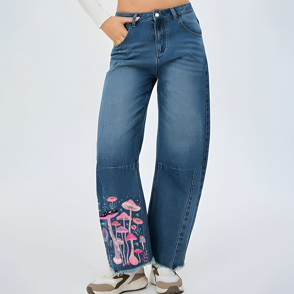 Women Pink Mushroom Graphic Baggy Straight Leg Jean