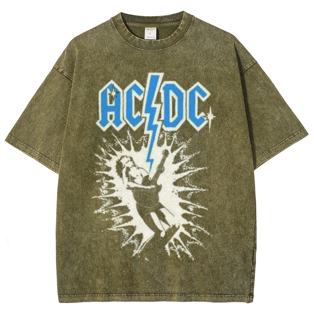 Unisex Vintage The Acdc Rock Band Print Short Sleeve Casual Graphic Washed T-shirt