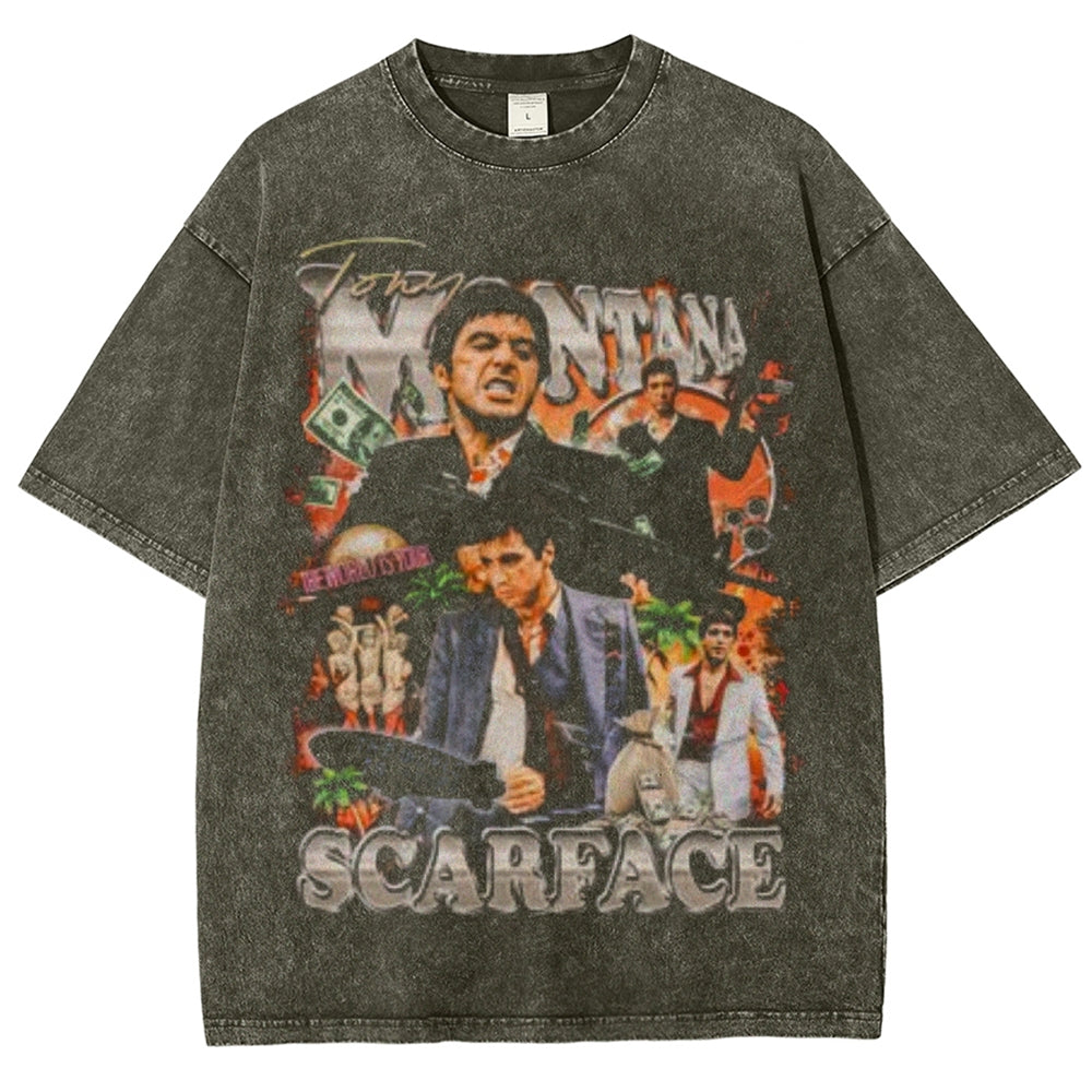 Unisex Vintage Scarface Horror Graphic Short Sleeve Washed T-shirt